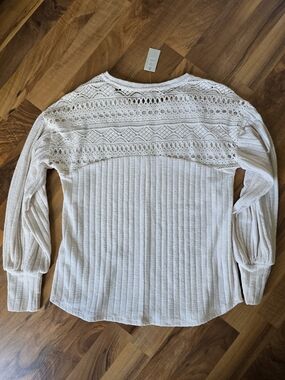 Maurices Cream Lace Yoke Ribbed Long Sleeve Top